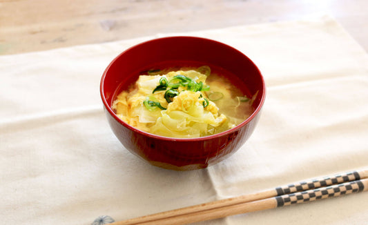 Miso soup with cabbage and fluffy eggs